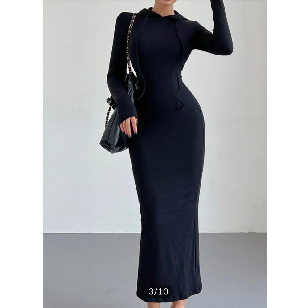 Commense Drop Shoulder Drawstring Hooded Dress Maxi Long Sleeve Ribbed Stretch